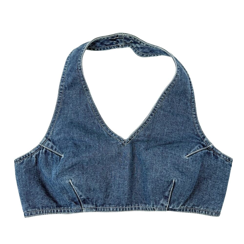 Vintage Karen Kane Denim Halter Bra Top Tencel Blend Cropped Boho Festival 4